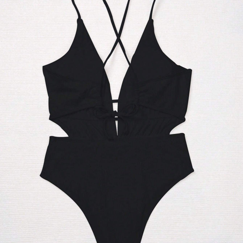 Summer Vacation Women One-Piece Deep V-Neck Swimsuit