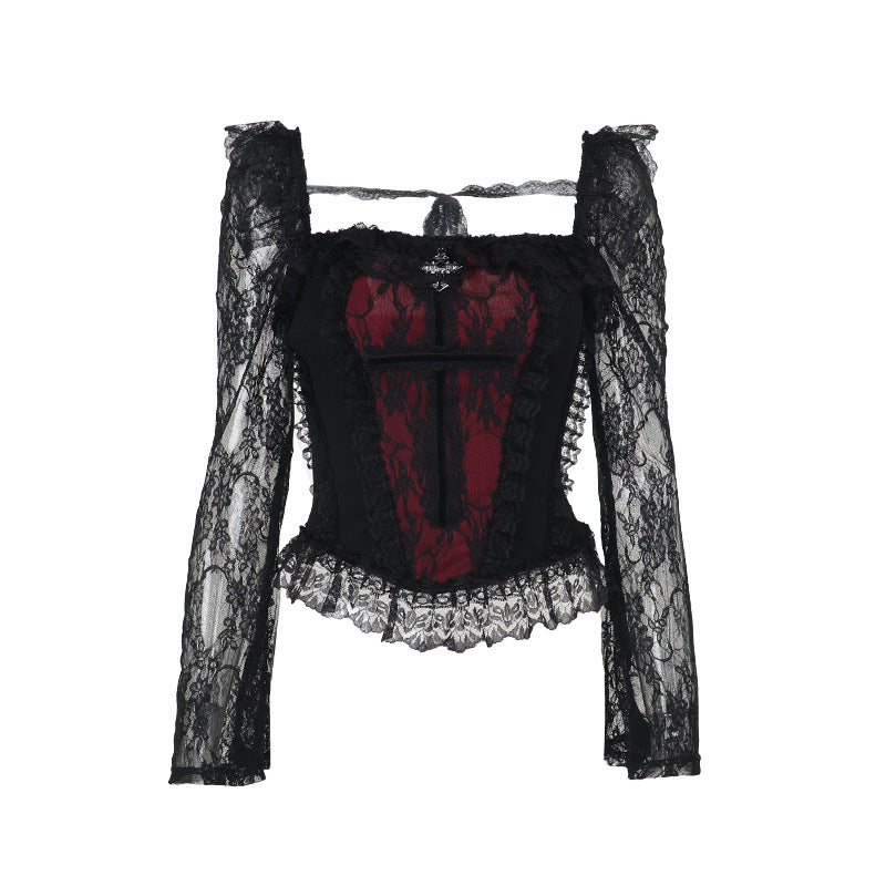 Elegant Gothic Lace Splicing Cross Collar T-Shirt