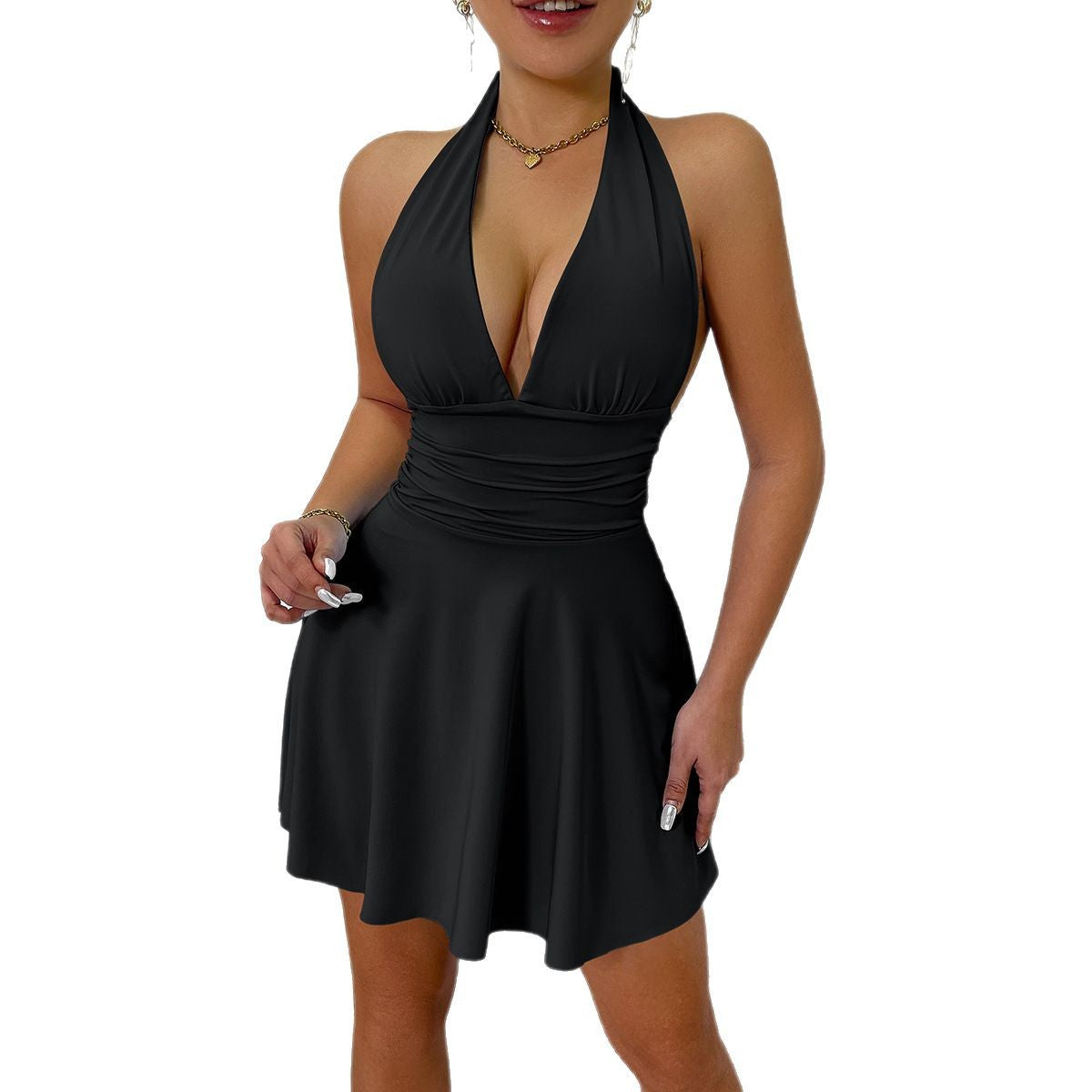 Women Fashion Sexy Solid Color Halter-Neck Dress