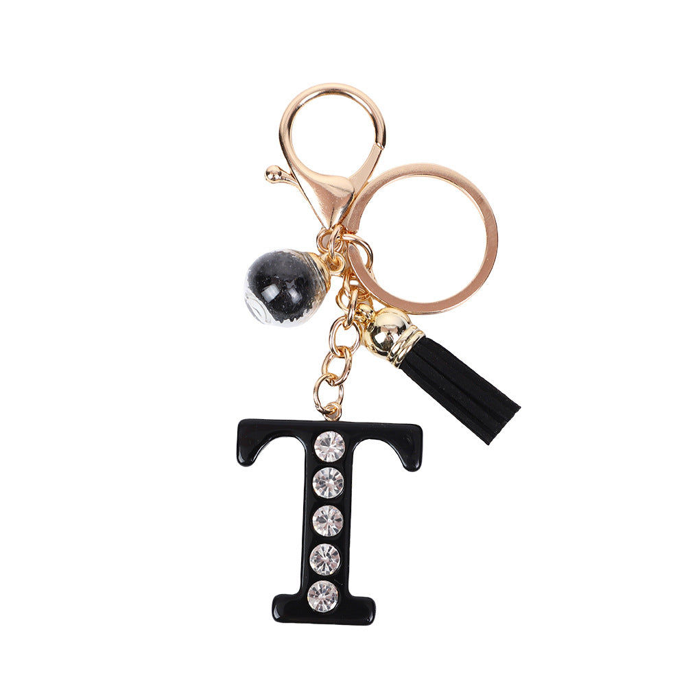 Llavero de resina negra con letras de diamantes de imitación, accesorio de arte moderno
