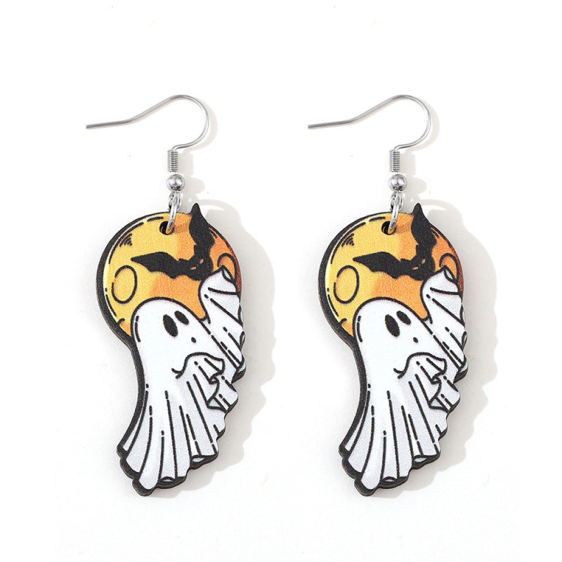 Halloween Women Double-Sided Wooden Earrings with Cartoon Creatures