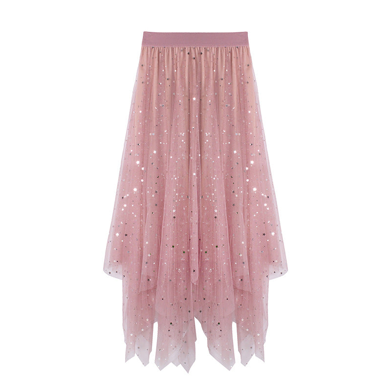Women Fashion Irregular Star Sequin Mesh Skirt