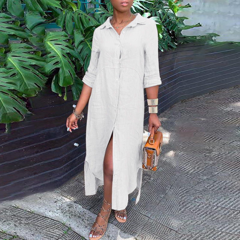 Robe chemise décontractée en coton et lin pour femme, respirante, pour l'été
