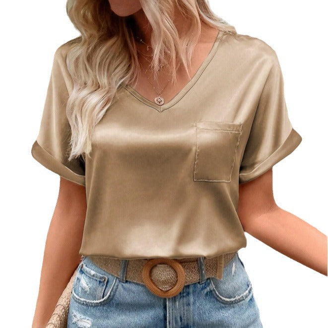 T-shirt ample à manches courtes et col en V en satin pour femme