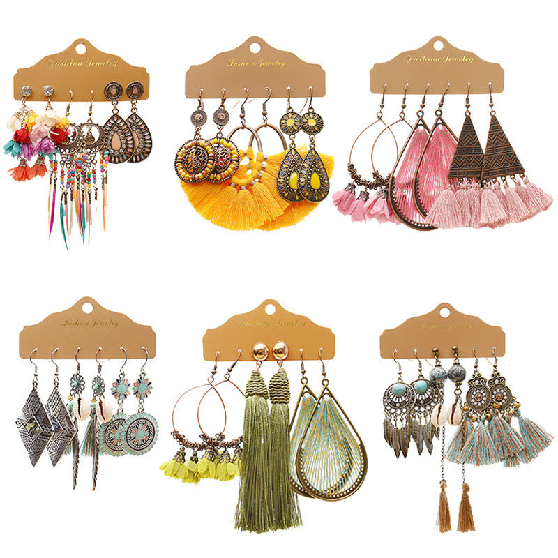 Conjunto de pendientes con borlas creativas retro de estilo étnico bohemio