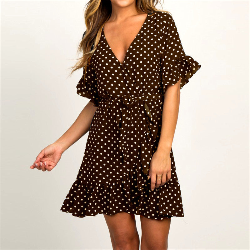 Robe d'été élégante en mousseline de soie style bohème à manches courtes et col en V pour femme