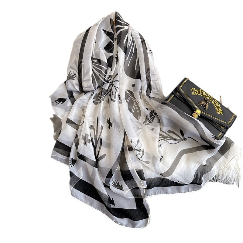 Summer Women Fashion Geometric Leaves Printed Silk Scarf