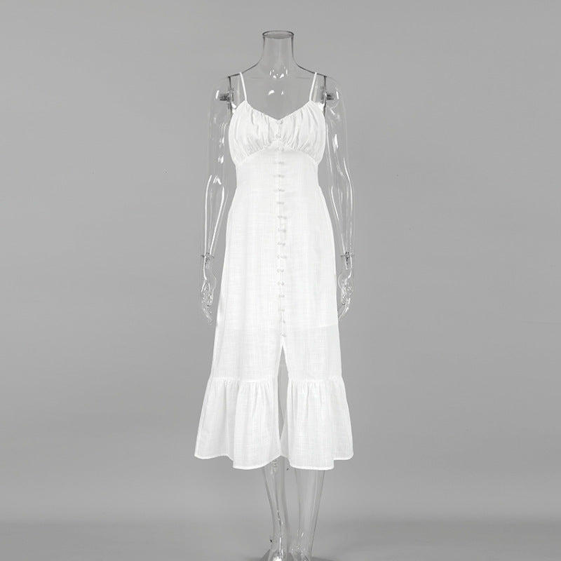 Robe sexy à bretelles spaghetti fendues en coton et lin pour femme