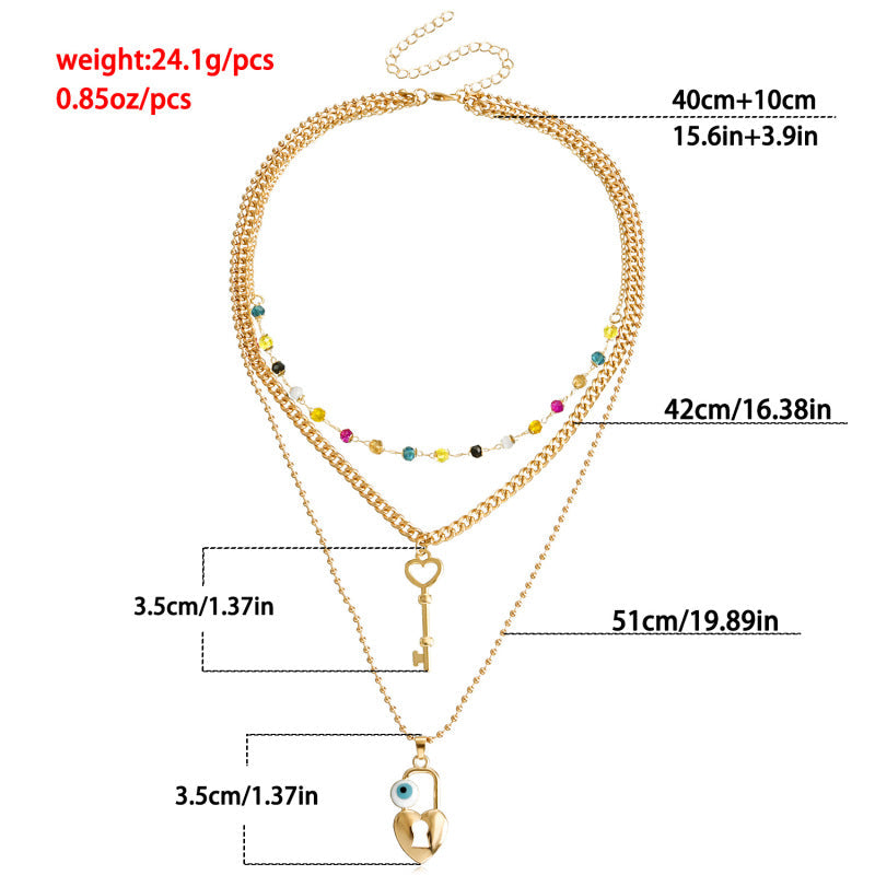 Collar con llave de corazón y cuentas multicolores bohemias