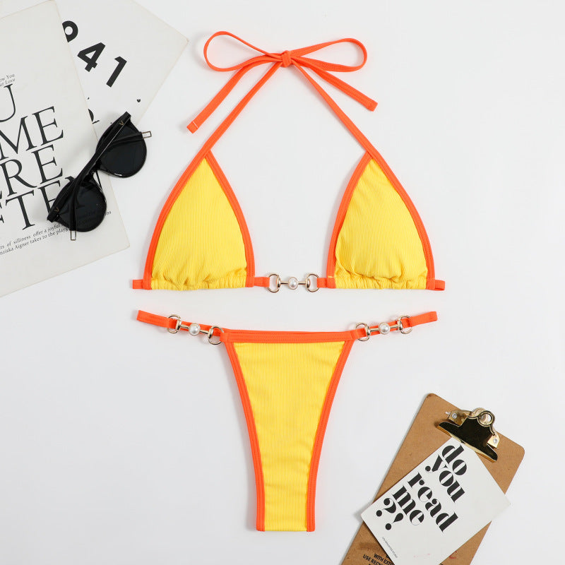 Conjunto de bikini de verano de color sólido metálico para mujer