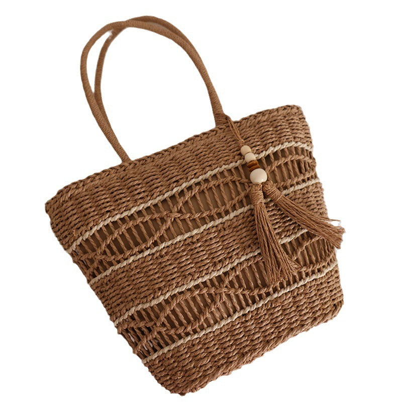 Bohemian Holiday Hollow Straw Woven Tassel Tote Bag