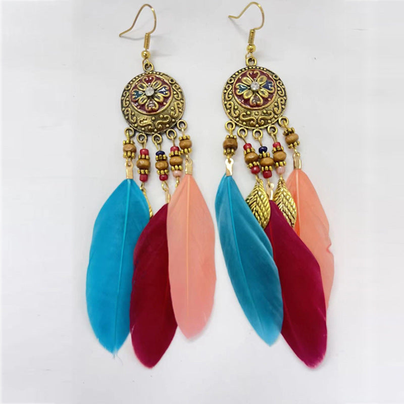 Bohemian Flower Beads Feather Earrings for Women