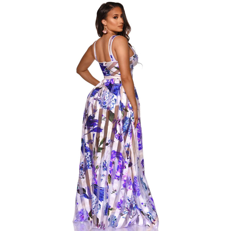 Robe longue d'été bohème élégante sans manches en maille florale pour femme