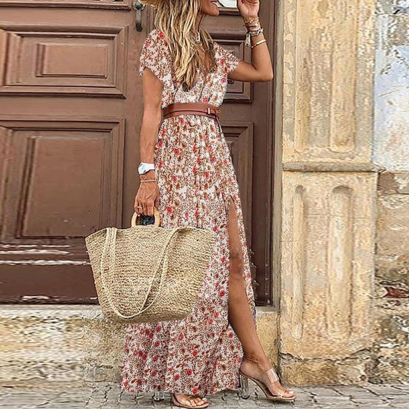 Vestido largo bohemio vintage de verano para mujer, sexy, con escote en V y mangas cortas, con cinturón