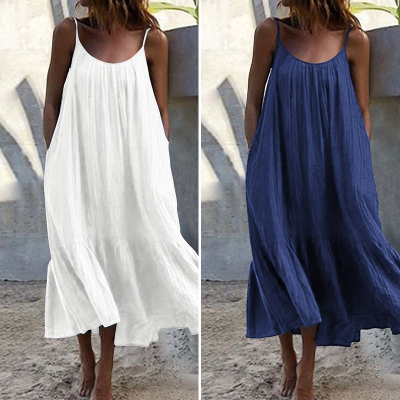 Vestido lencero holgado con volantes de color liso, estilo bohemio e informal para mujer