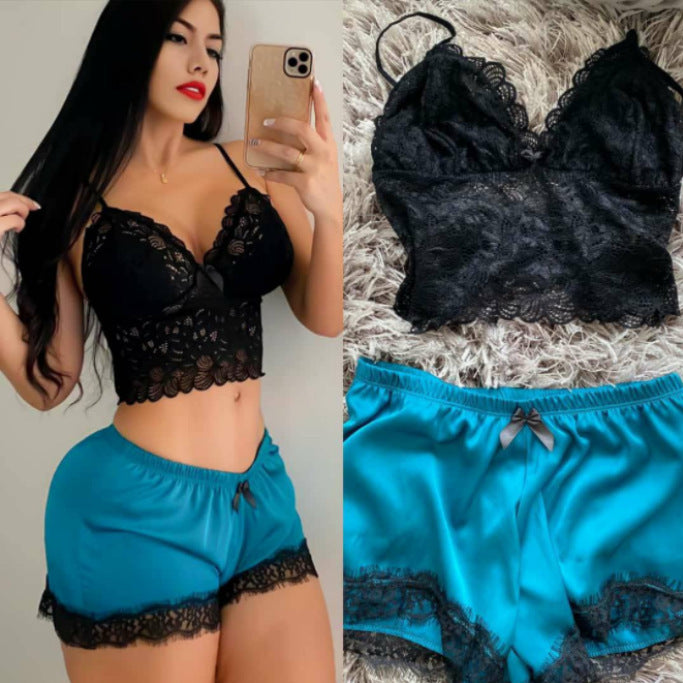 Women's Fashion Comfortable Casual Lace Satin Pajama Suit