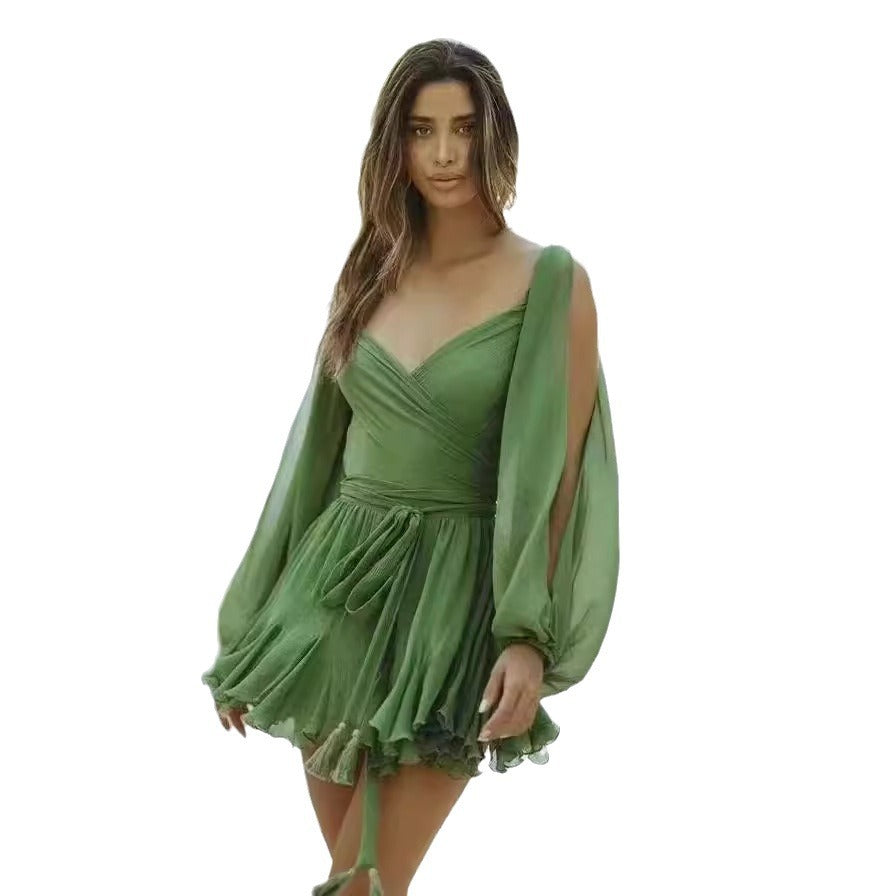 Spring Women Vacation Sexy Hollow Lantern Sleeve Dress