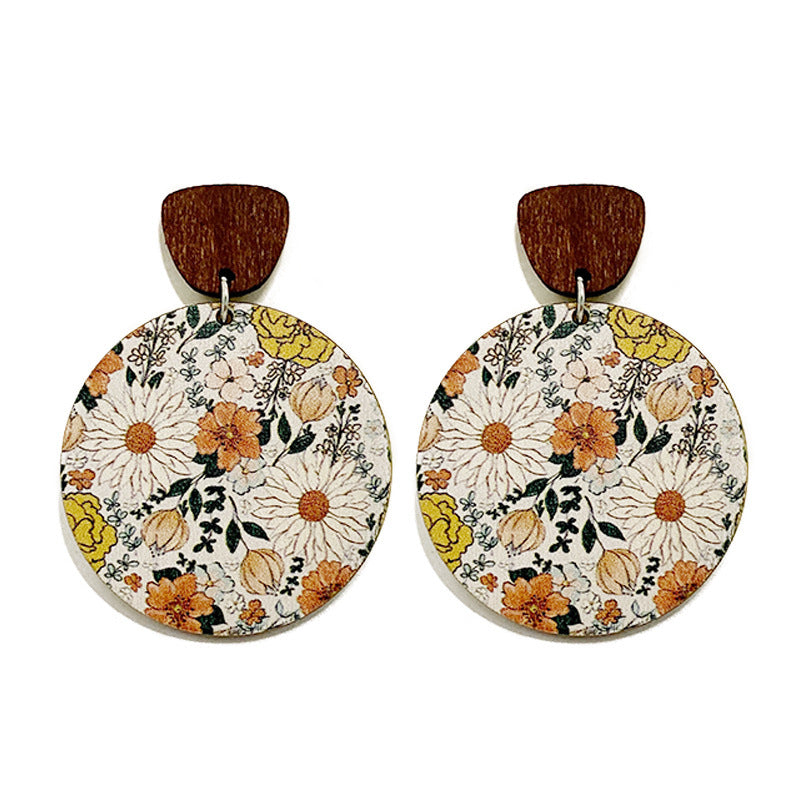 Boucles d'oreilles bohèmes rétro en bois avec coutures florales