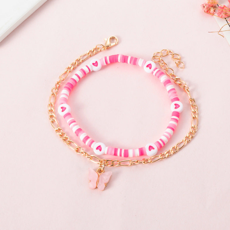 Conjunto de tobillera de doble capa con cuentas de corazón y mariposa bohemia