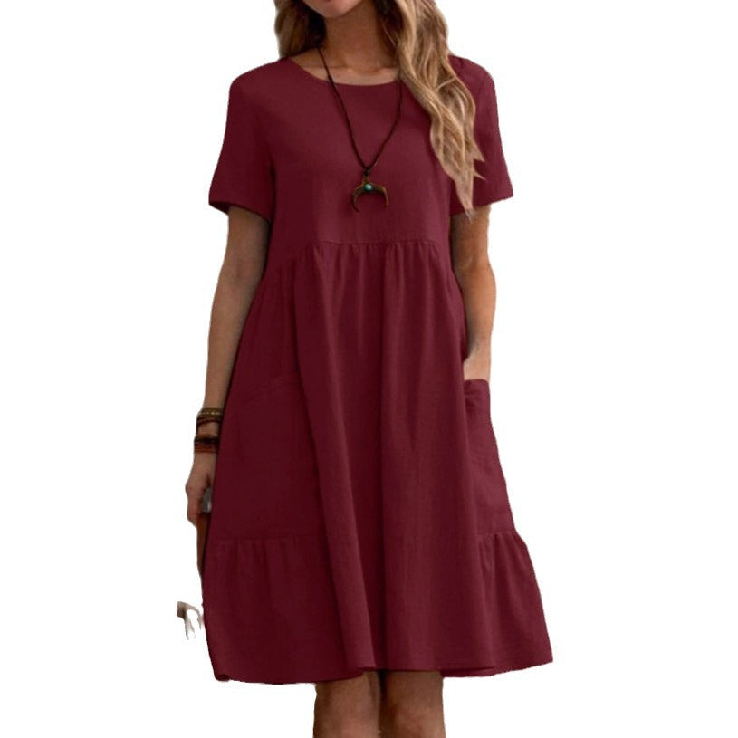 Vestido informal holgado de lino y algodón con cuello redondo para mujer