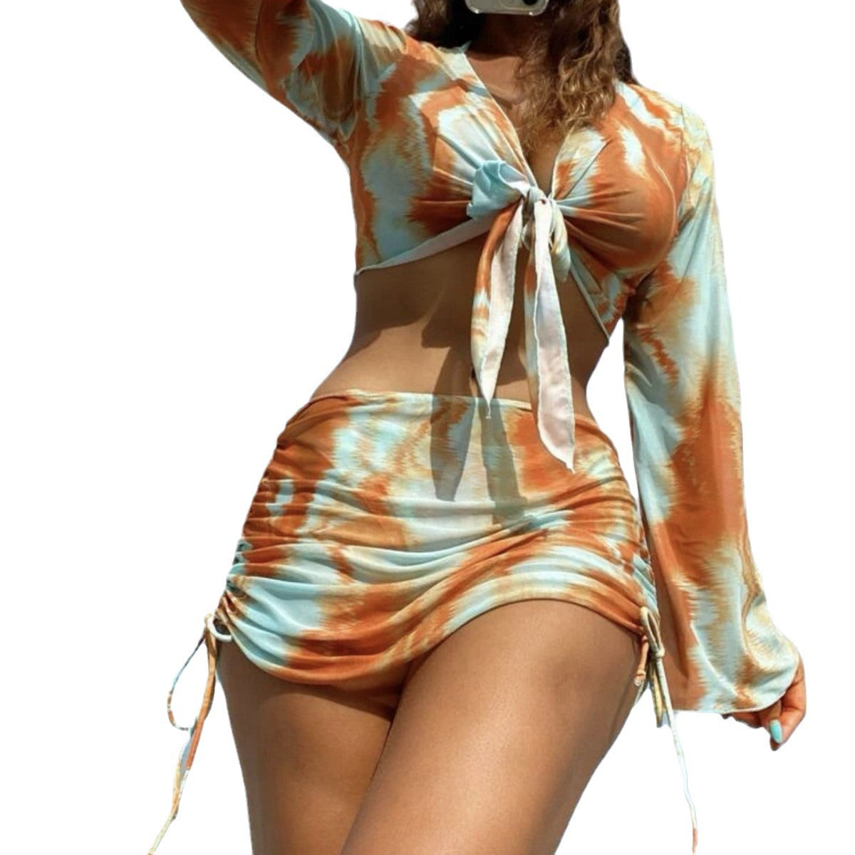 Conjunto de bikini de cinco piezas para mujer con estampado tie-dye para vacaciones de verano
