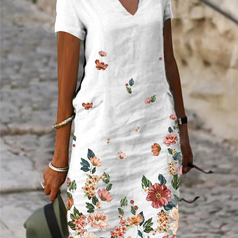Vestido informal de mujer con estampado floral, manga corta y cuello en V