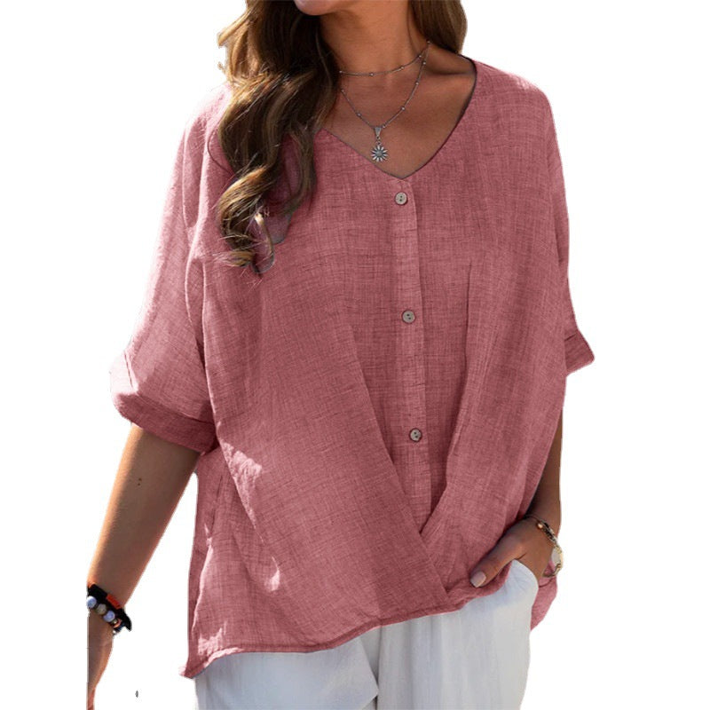 Camisa informal de lino y algodón de moda de verano para mujer