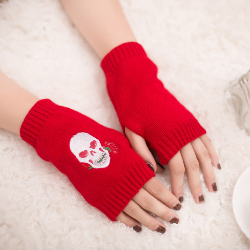 Halloween Autumn Winter Wool Embroidered Skull Gloves