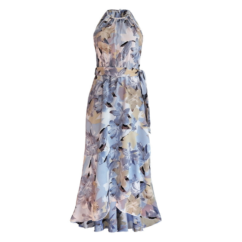 Vacation Fashion Floral Print Women Casual Ruffled Halter Dress