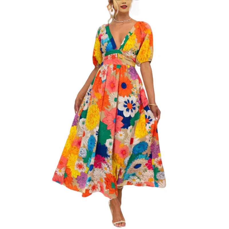 Women Casual Fashion Printed V-Neck Puff Sleeve Maxi Dress