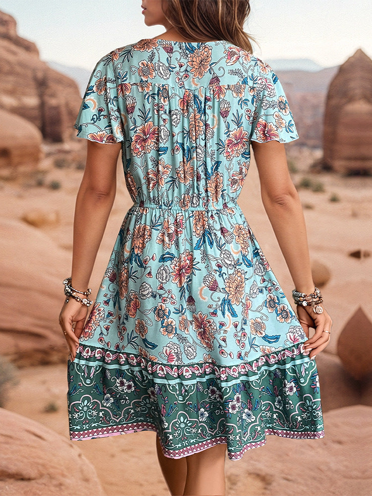 Summer Women Casual Bohemian V-Neck Floral Print Short Sleeve Dress
