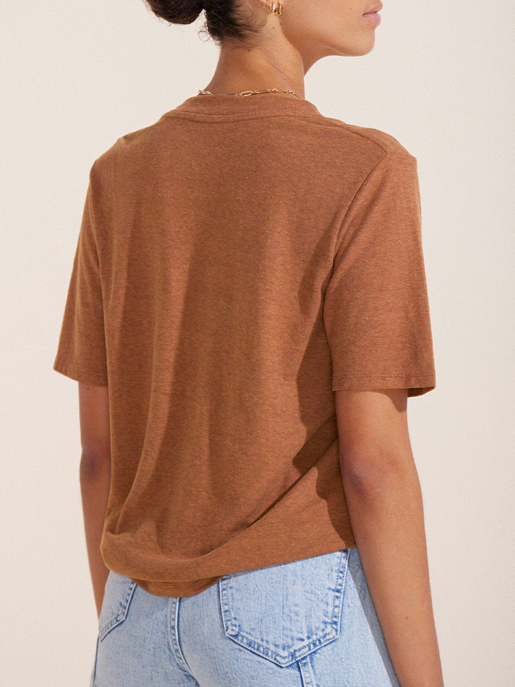 Camiseta básica informal de manga corta con cuello en V y color liso para mujer