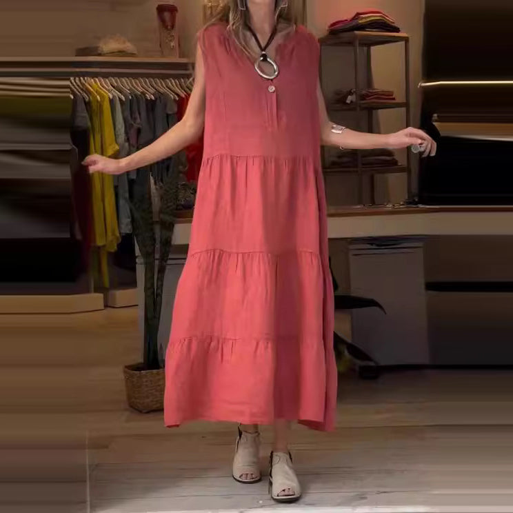 Vestido largo informal de verano para mujer, color liso, con cuello en V