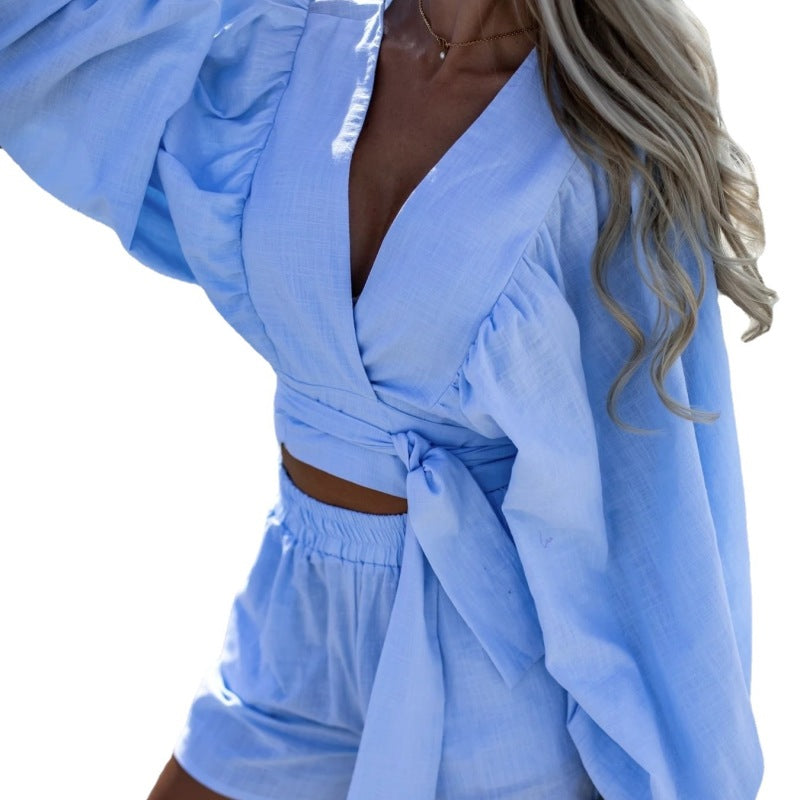 Conjunto holgado informal con cuello en V y cordones para mujer