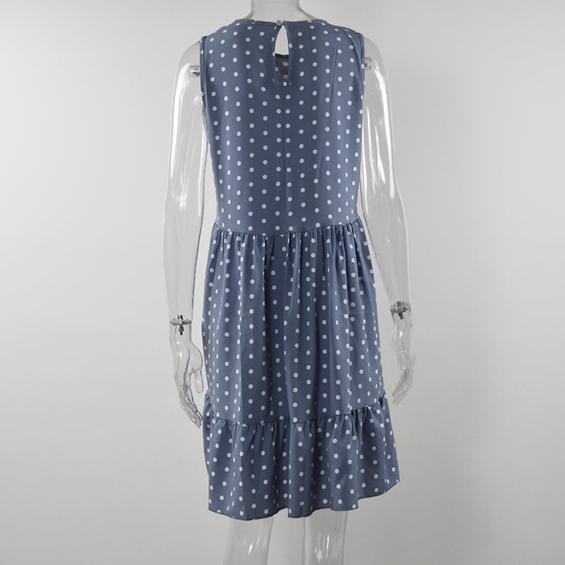 Minivestido playero bohemio de verano con lunares, sin mangas y volantes para mujer