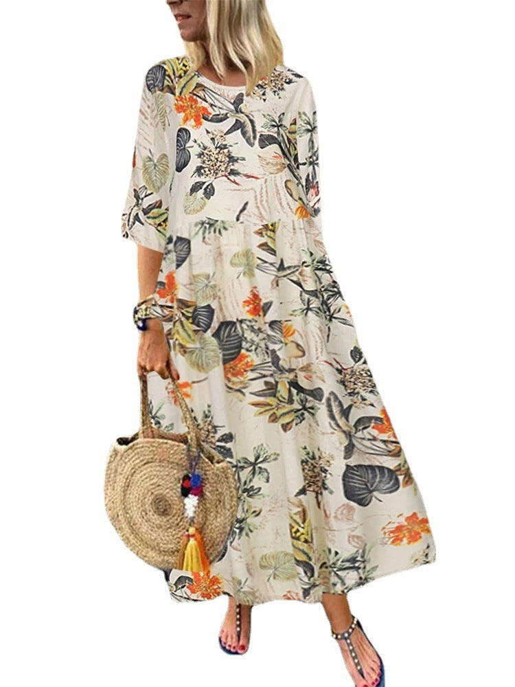 Vestido elegante bohemio de verano con mangas cortas y cuello redondo floral para mujer