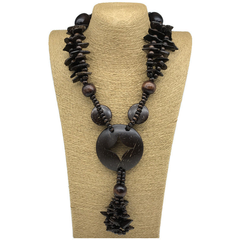 Unisex Bohemian Coir Wood Beaded Lariat Necklace