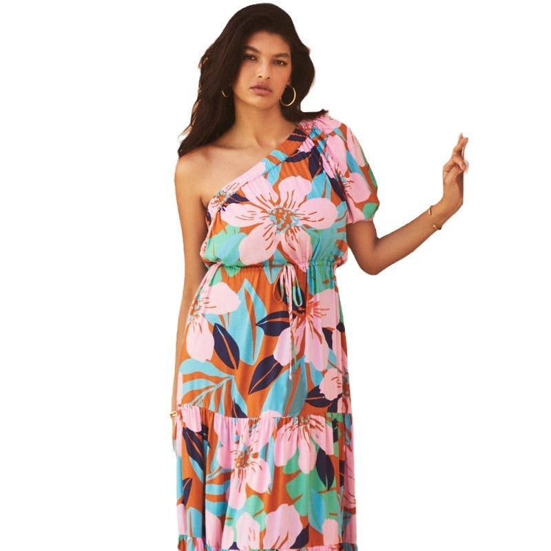 Women's Slant Shoulder Boho Tiny Flower Casual Maxi Dress