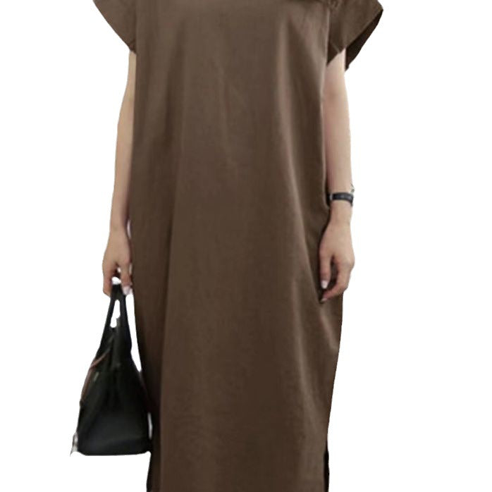 Robe ample décontractée en coton et lin de couleur unie pour femme