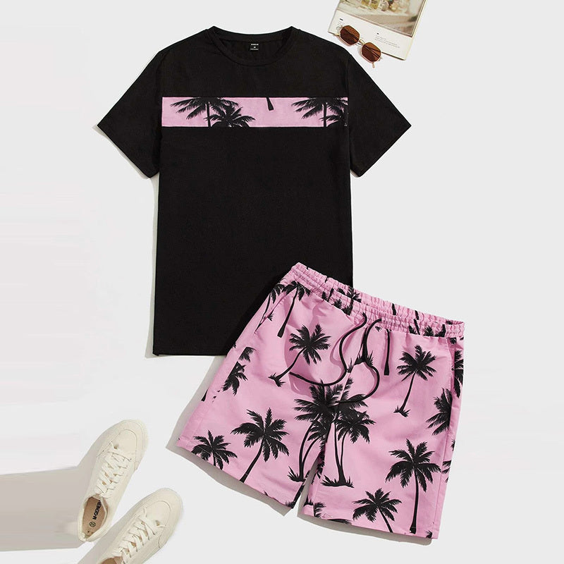 Hawaiian Casual Vacation Men Cotton Coconut Tree T-Shirt Set