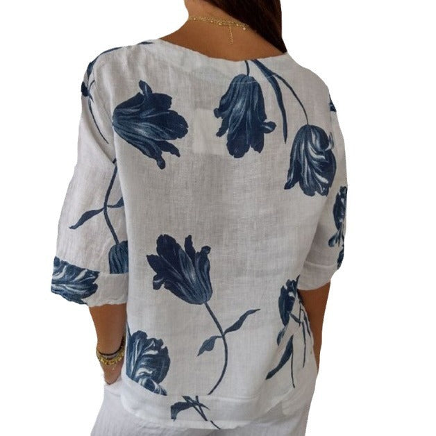Blusa informal de lino y algodón con estampado floral para mujer