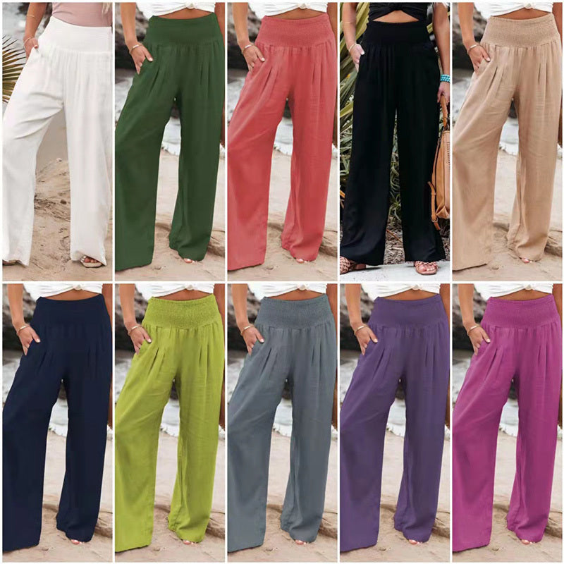 Pantalones anchos de lino y algodón para mujer con bolsillos