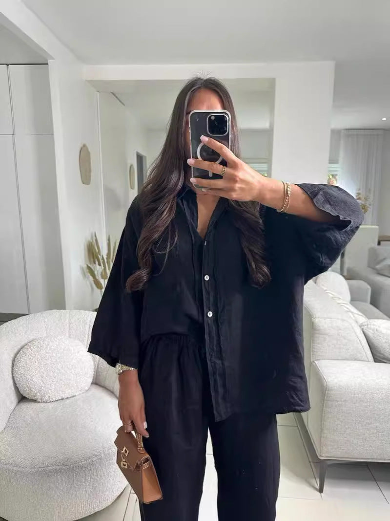 Summer Women Casual Solid Color Lapel Shirt Pants Set
