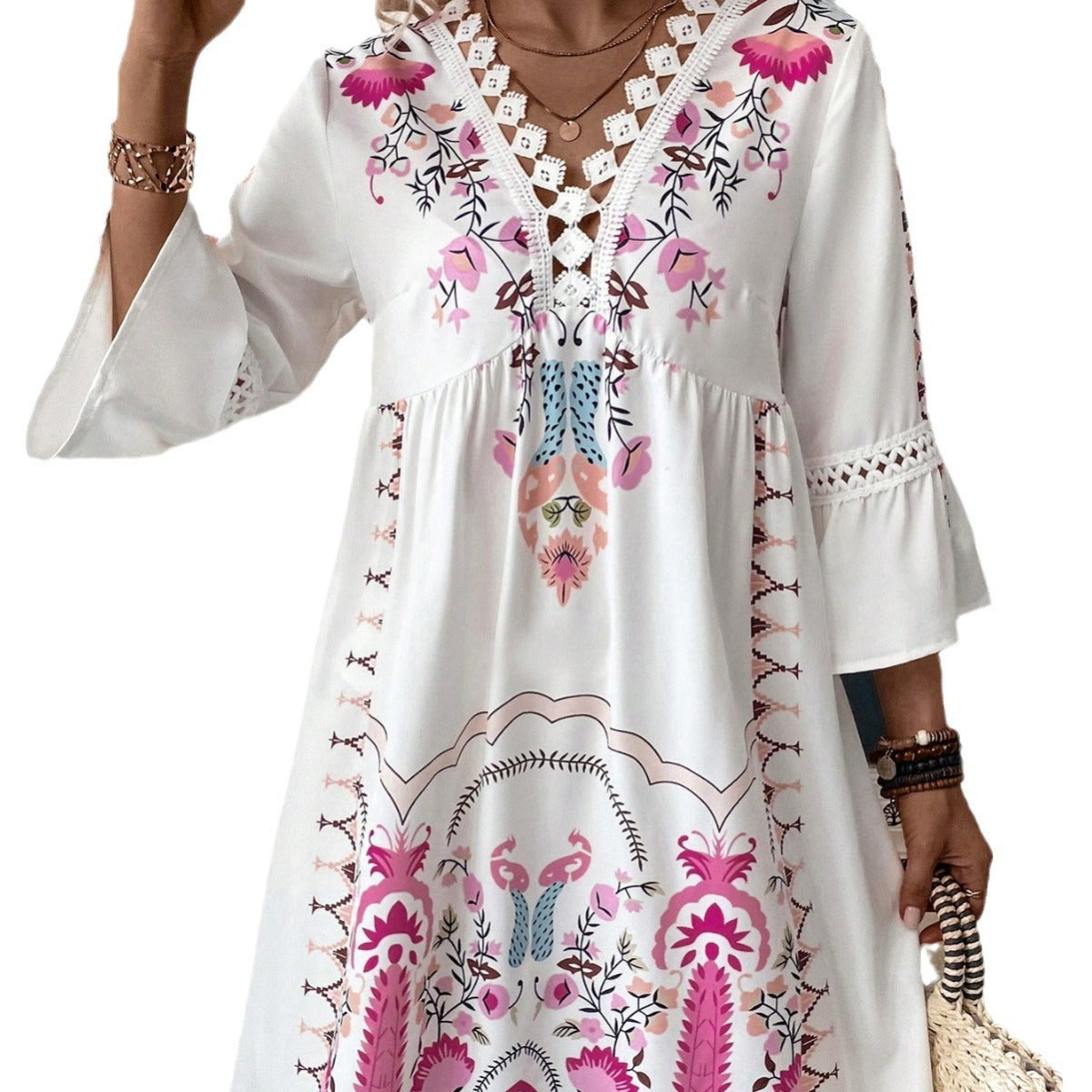 Bohemian Women Casual V-Neck Lace-Patchwork Printed Dress