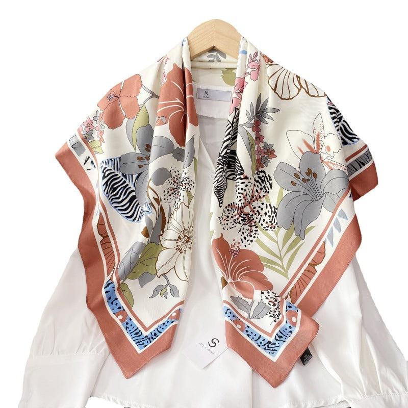Bufanda de seda con estampado geométrico y floral de verano para mujer