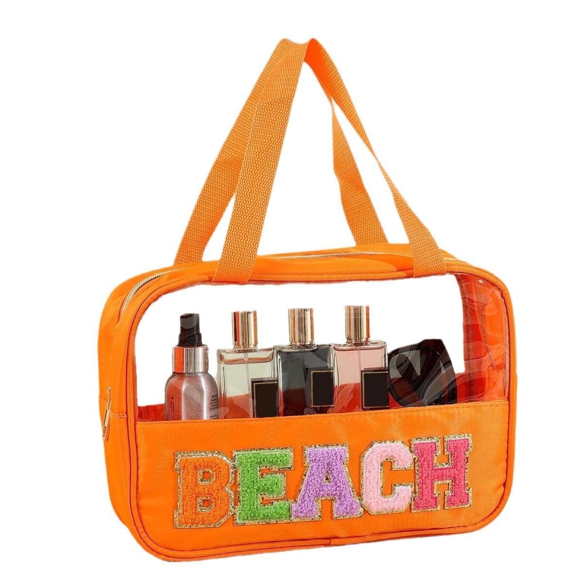Bolsa de cosméticos transparente de PVC con letras bordadas