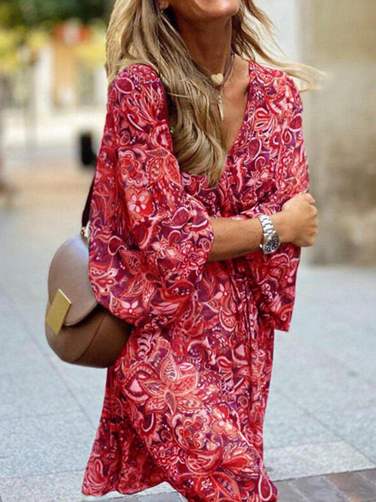 Women Elegant V Neck Vintage Bohemian Printed Casual Dress