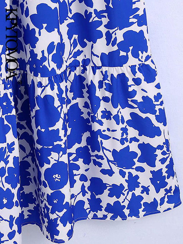 Women Fashion Bohemian Floral Print Vintage V Neck Short Sleeves Ruffled Midi Dress