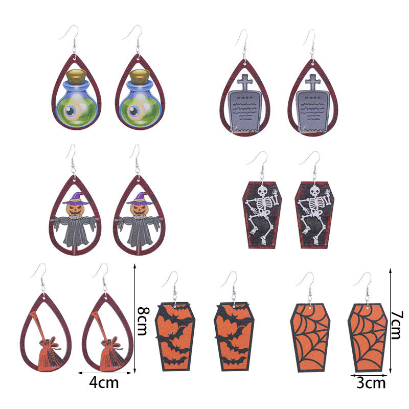 Halloween Women Funny Horror Ghost Witch Wooden Earrings