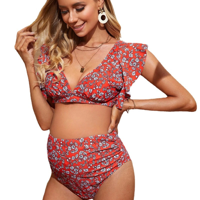 Maillot de bain de maternité deux pièces à imprimé floral à volants